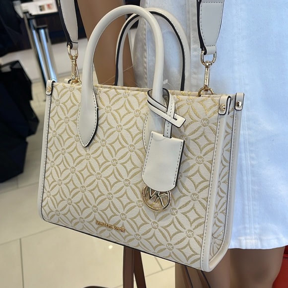 Michael Kors Mirella Small Metallic Logo Jacquard Crossbody Bag
Light Cream 
NWT - Picture 11 of 16